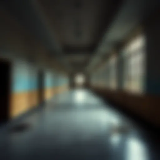 A dimly lit corridor in a large, empty government building with peeling paint and broken windows, hinting at an unsettling atmosphere.