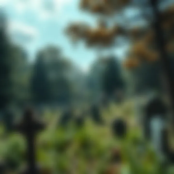 A view of an overgrown graveyard with old tombstones surrounded by trees, showcasing a group of people exploring the area.