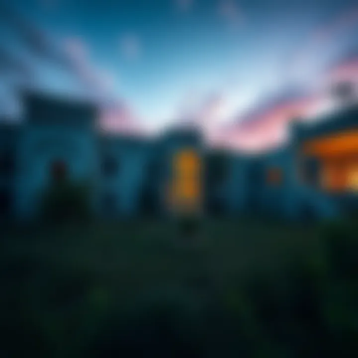 A dark and eerie view of an abandoned hospital building with broken windows and overgrown weeds under a twilight sky