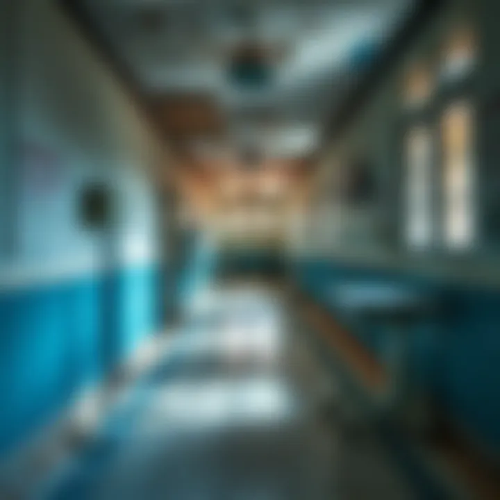 View of a deserted hospital corridor with peeling paint and old medical equipment