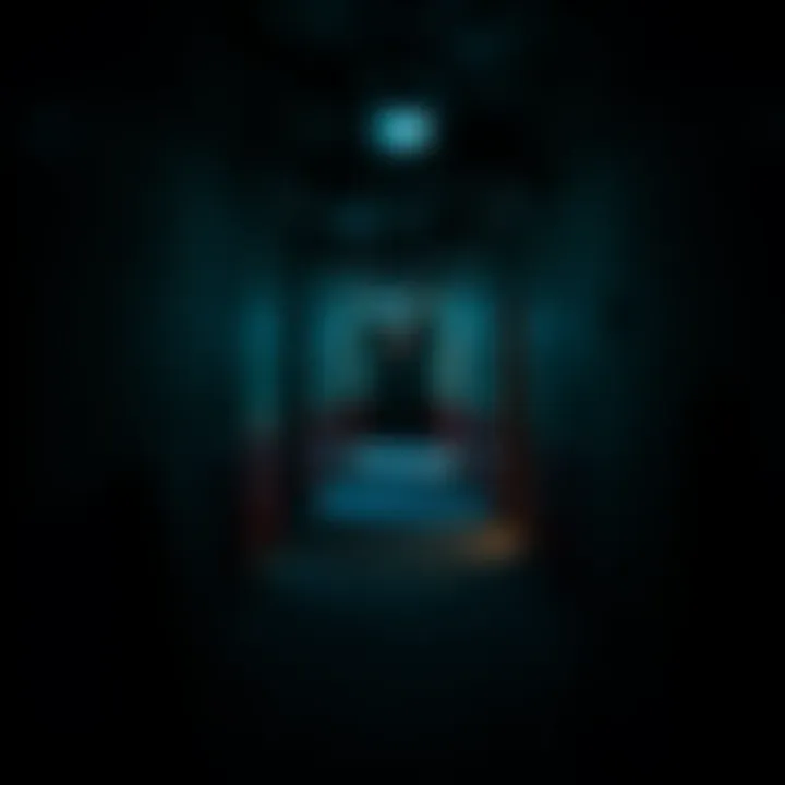 Exploring the Abandoned Hotel A dark hallway in an abandoned hotel with flickering lights and shadows, creating an eerie atmosphere.