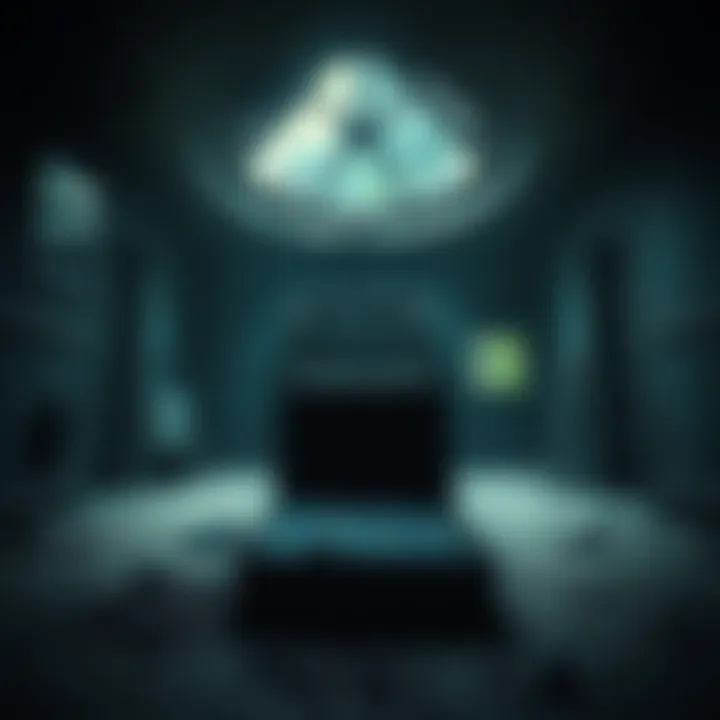 An eerie view of a dark, abandoned house with a mysterious suitcase placed on the floor among dust and debris.