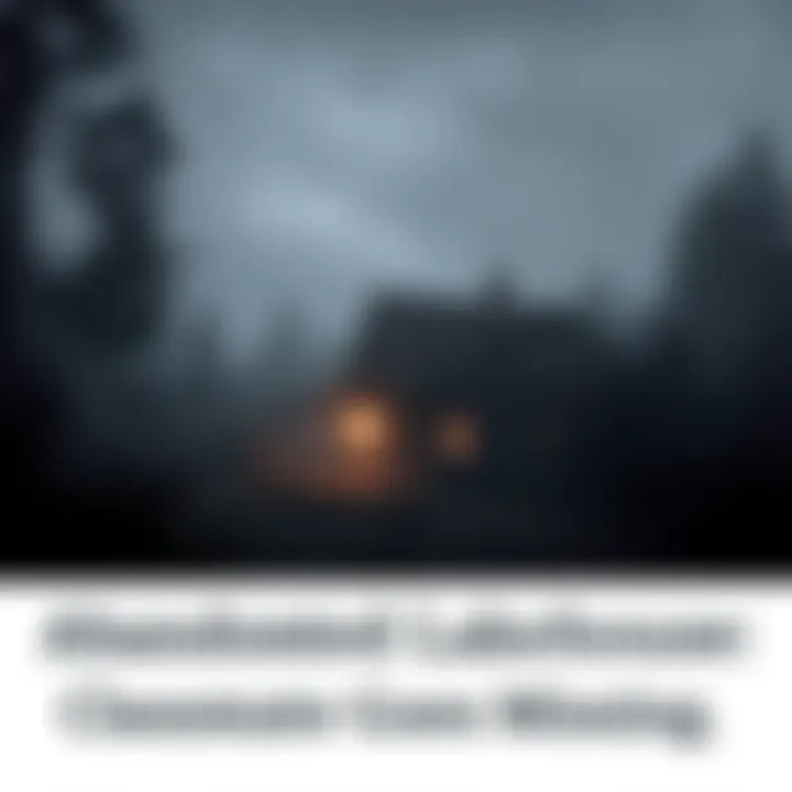 A dark and rundown lakehouse surrounded by trees, with a misty lake in the background, hinting at a missing person mystery