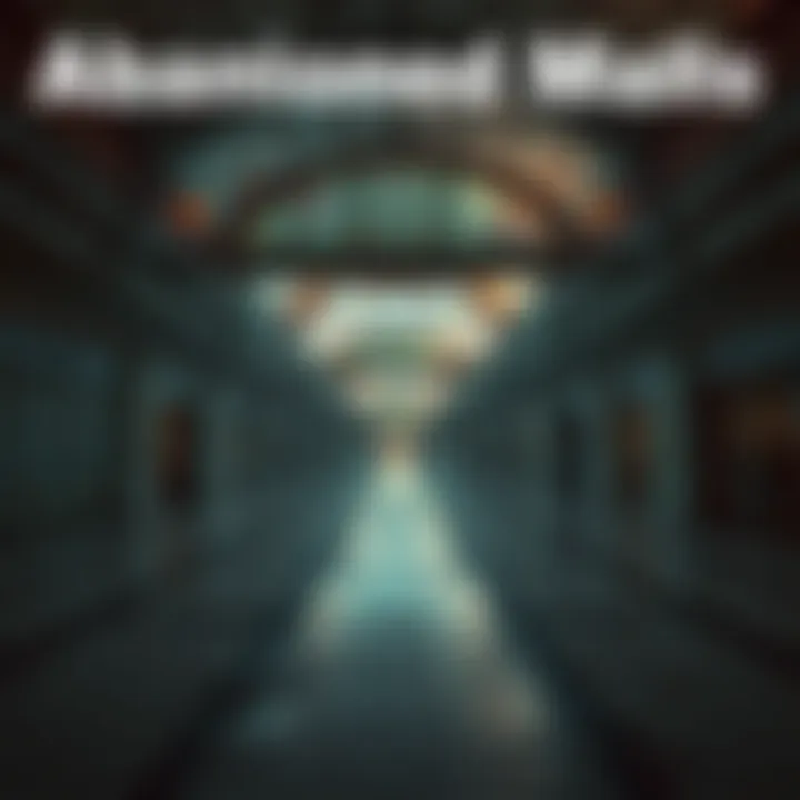 Inside an empty and decaying mall with faded storefronts and broken lights, creating a spooky atmosphere.