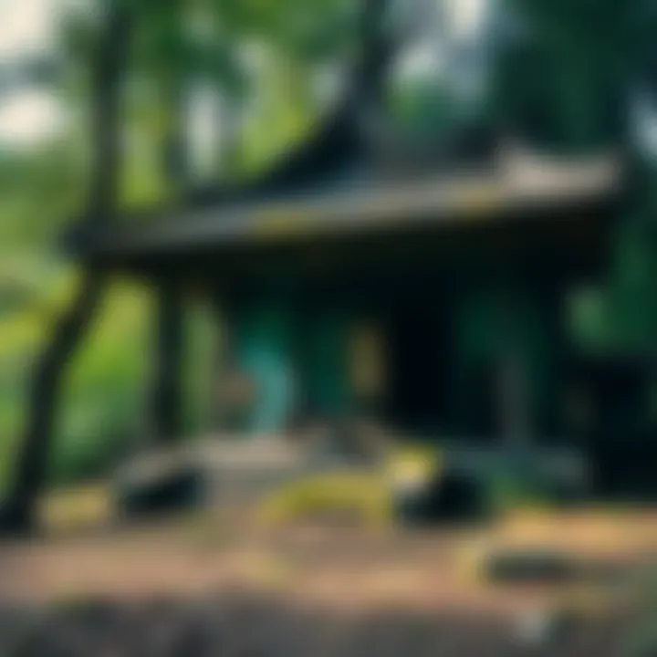 A view of a weathered and moss-covered abandoned Shinto shrine surrounded by nature, with trees and overgrown plants.
