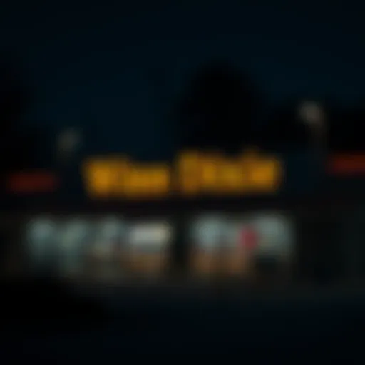 The darkened exterior of an abandoned Winn Dixie with bright lights illuminating the surroundings at night, creating an eerie atmosphere