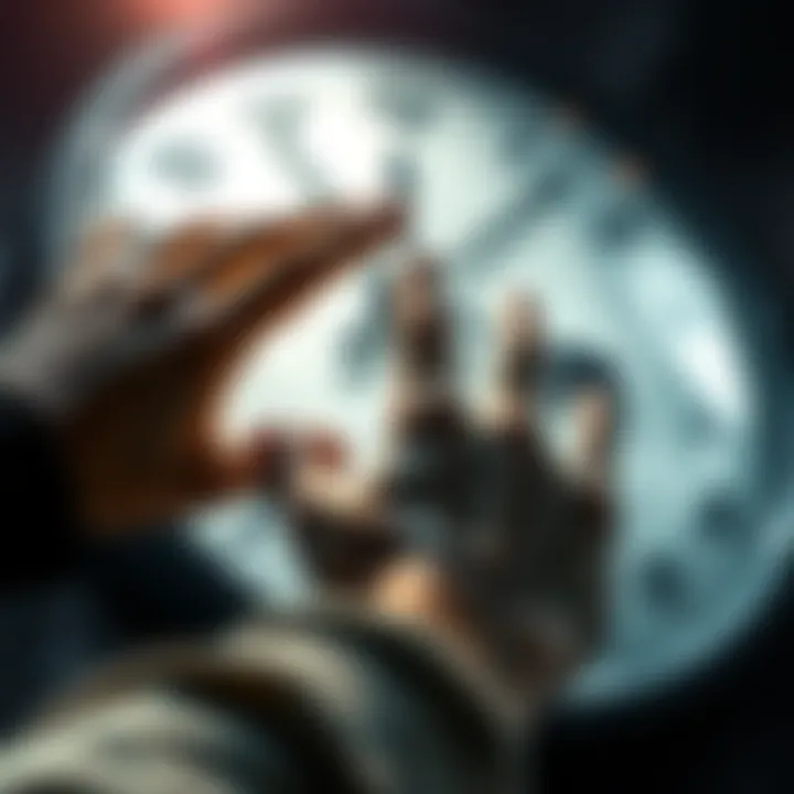 A person reaching out towards a clock with blurred hands, symbolizing the struggle to influence time and desires.