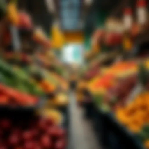 A diverse array of fresh fruits and vegetables overflowing in a market, symbolizing abundance in resources.