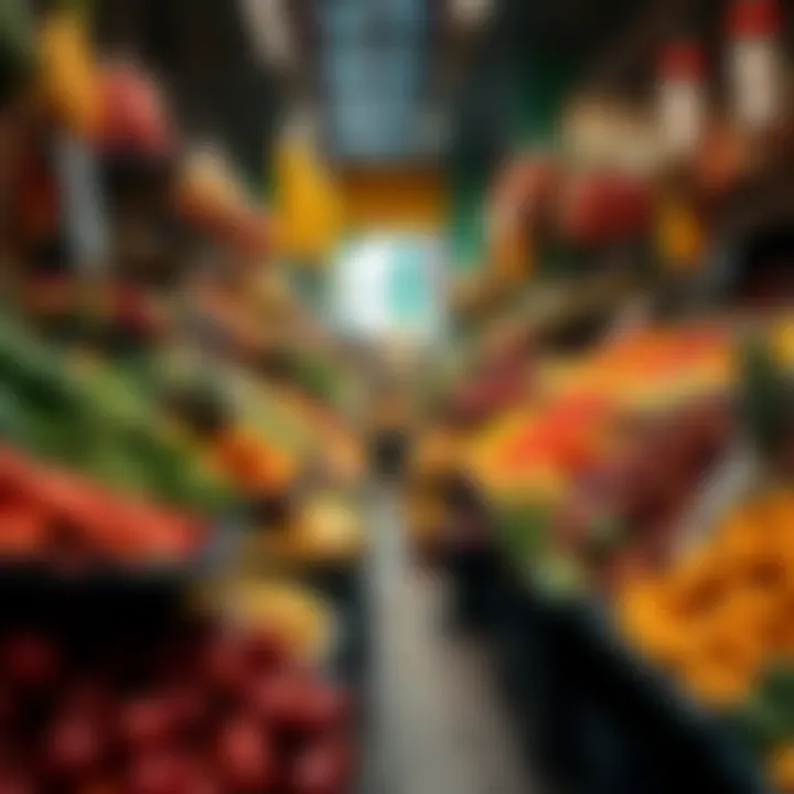 A diverse array of fresh fruits and vegetables overflowing in a market, symbolizing abundance in resources.