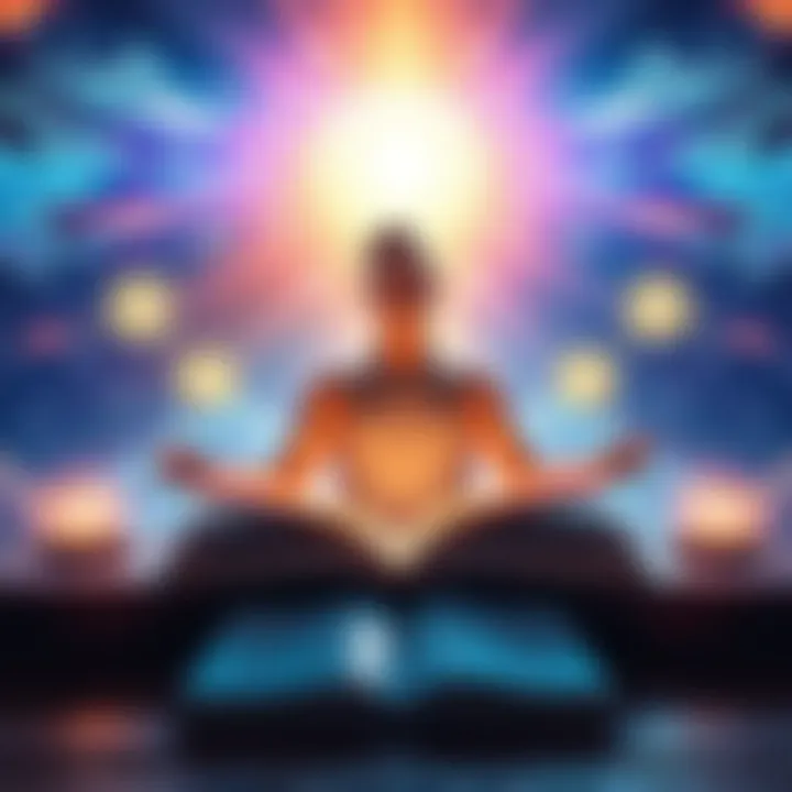 A person meditating with an open book, surrounded by light and symbols representing knowledge and insight.