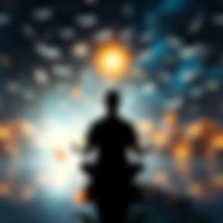 A person meditating in a serene space with floating books and glowing light, symbolizing access to knowledge
