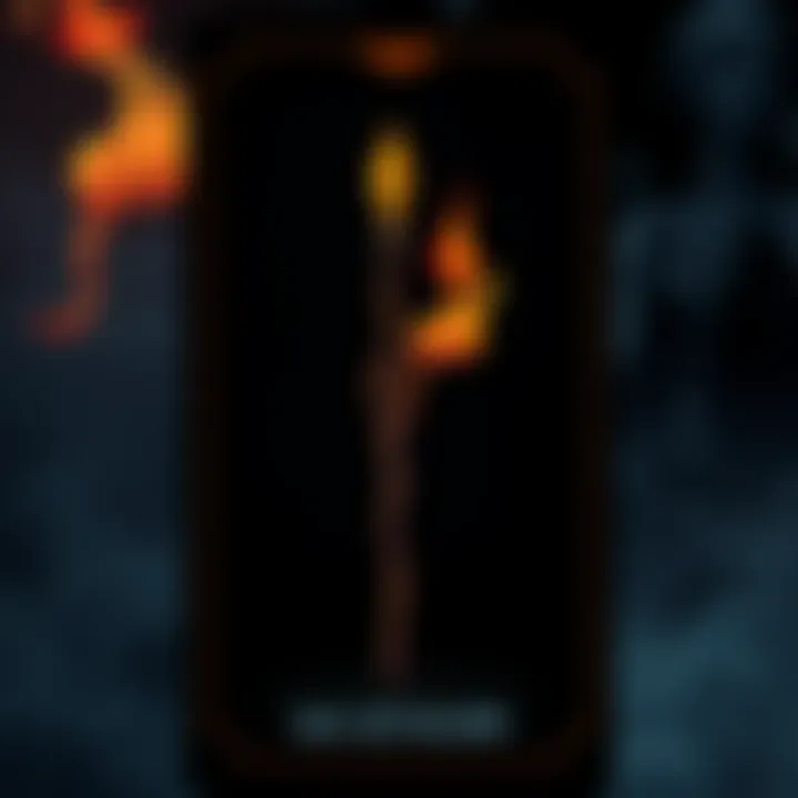 An illustration of the Ace of Wands tarot card in reverse position, showing a wand with flames and a dark background, symbolizing challenges in work and love.