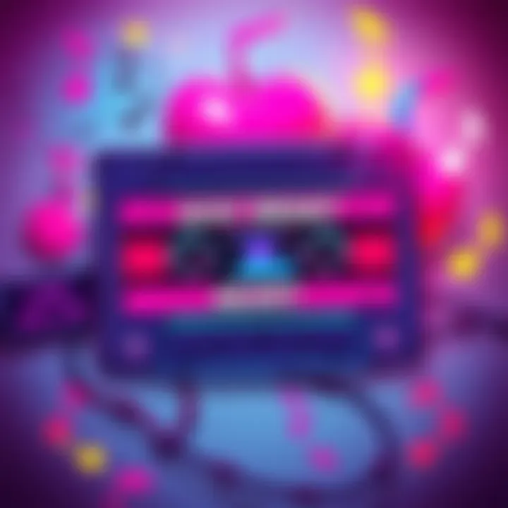 A vibrant illustration showing a retro cassette tape with the title 'Achy Breaky Heart'. The background features musical notes and a nostalgic vibe representing the late 80s music scene.