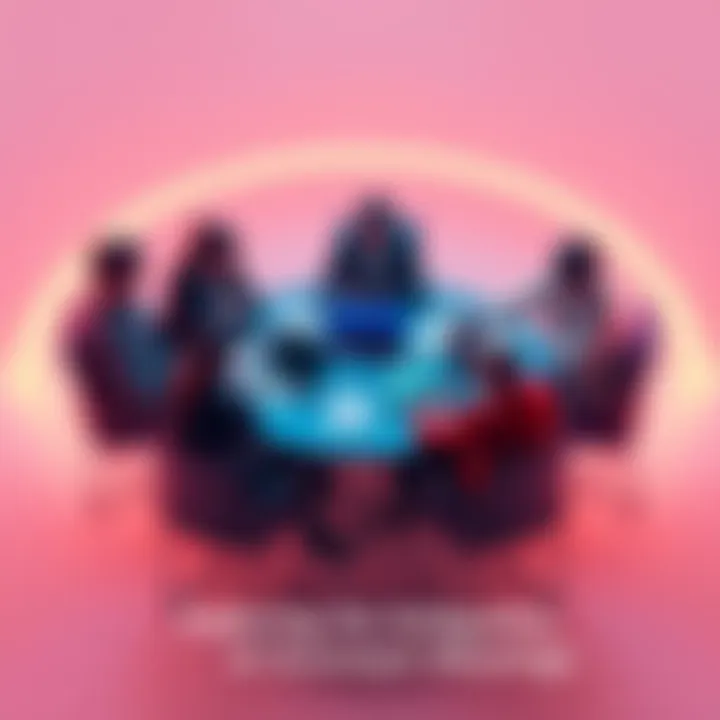 A group of people discussing the meanings of acronyms around a table with papers and laptops.