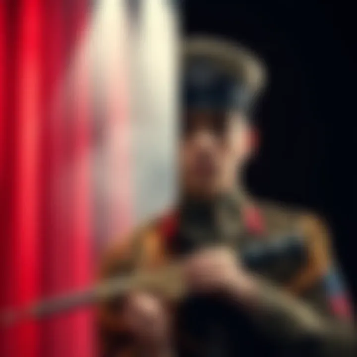 A split image showing a performer on stage in costume and a soldier in uniform, representing the choice between acting and military careers.