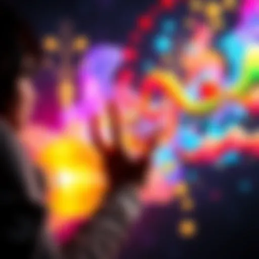 A person interacting with colorful, abstract shapes during an active imagination session.