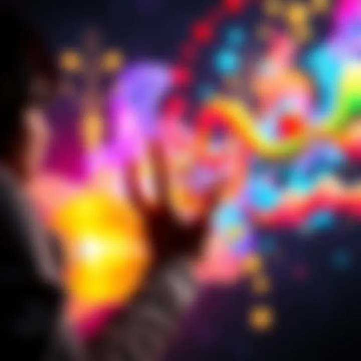 A person interacting with colorful, abstract shapes during an active imagination session.