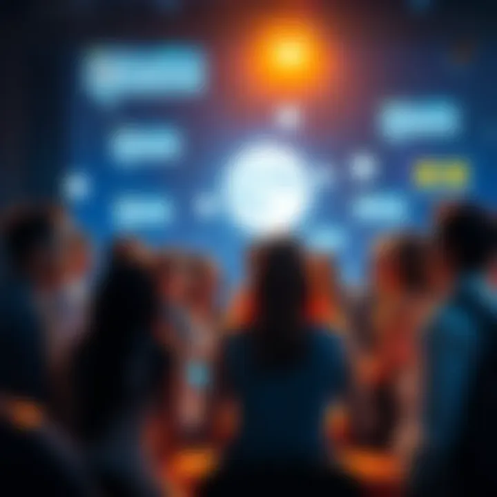 A group of people discussing topics in a vibrant online moon forum, with chat bubbles and space-themed graphics.