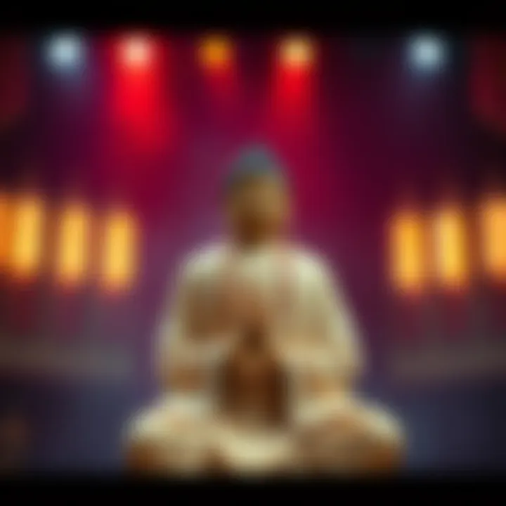 Actor portraying Buddha on stage A stage scene showing an actor dressed as Buddha, embodying tranquility and wisdom during a theatrical performance
