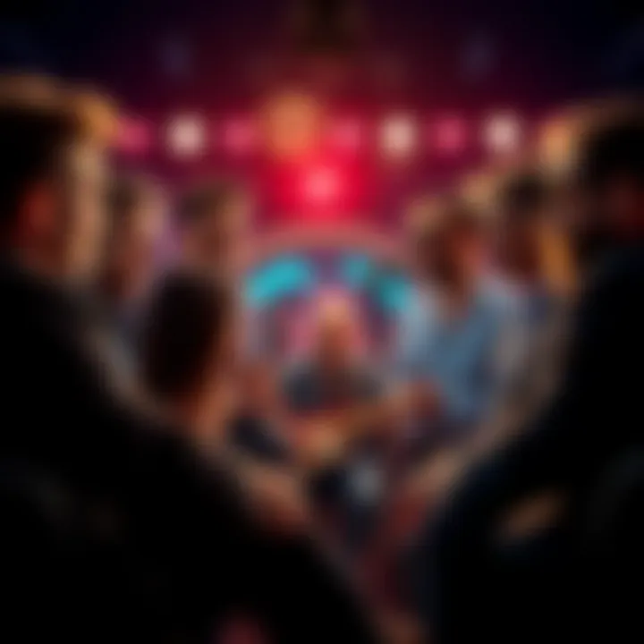 A group of actors and musicians discussing their experiences in a studio, highlighting the pressure of fame and moral choices, with serious expressions.