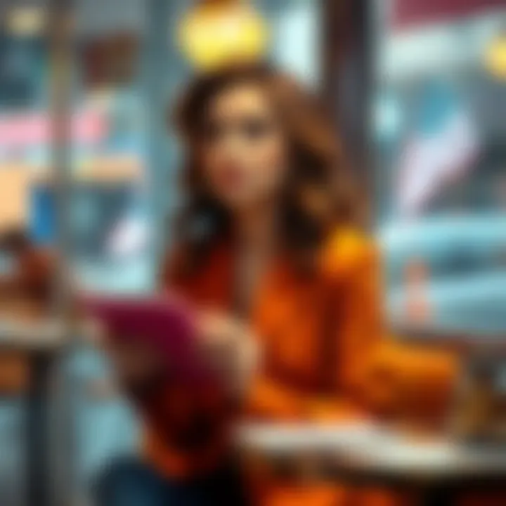 An actress sitting at a café with a notepad, contemplating career choices while balancing her passion for acting and the need for stable employment.
