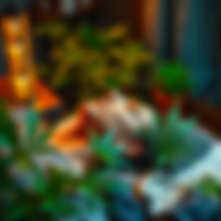 Acupuncture session with cannabis Acupuncture treatment combined with cannabis use, showing a relaxed patient on the treatment table surrounded by acupuncture needles and cannabis leaves.