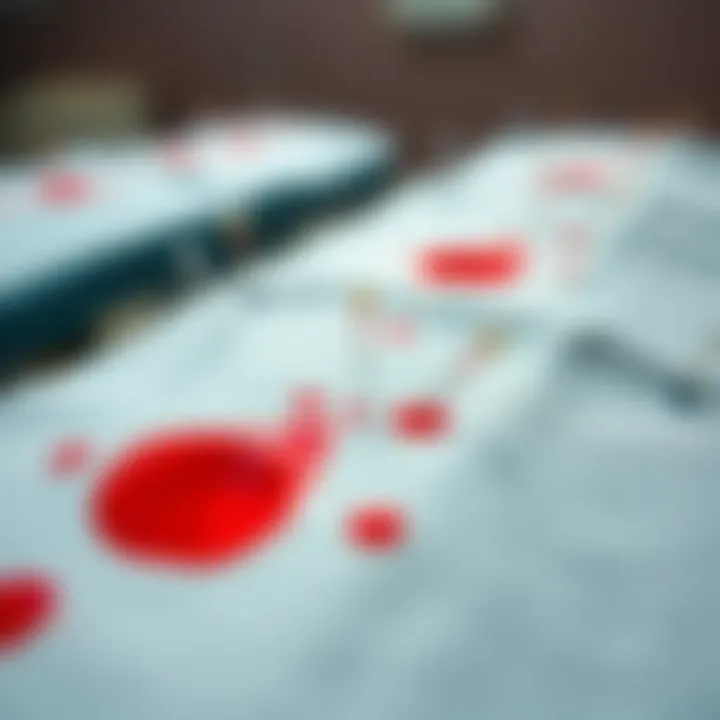 A close-up view of acupuncture treatment sheets showing suspicious red spots under harsh lighting, emphasizing cleanliness issues in clinics.