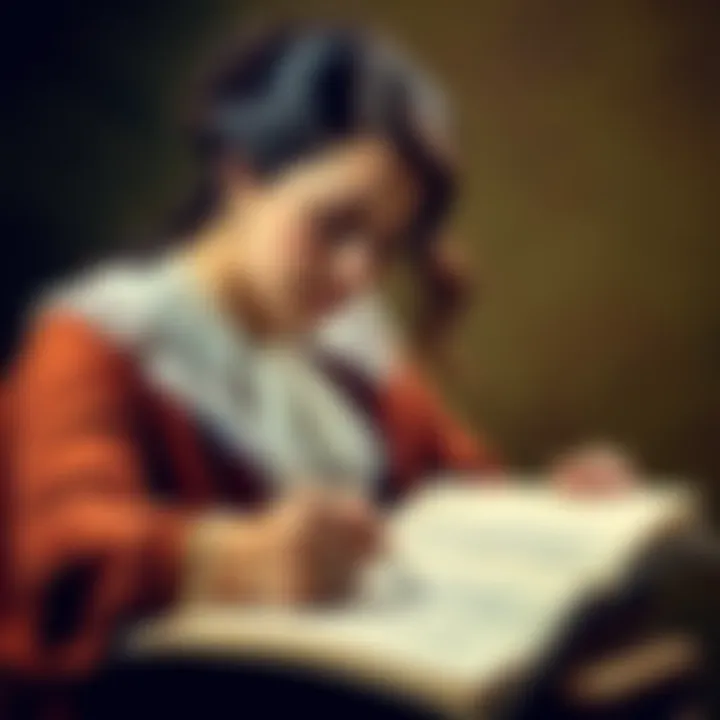 Portrait of Ada Lovelace, the first female computer programmer, writing an algorithm with a quill on paper