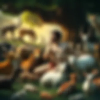 Adam surrounded by various animals in the Garden of Eden, contemplating morality before Eve's arrival