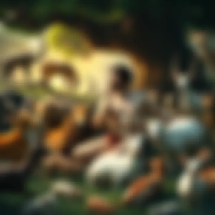 Adam surrounded by various animals in the Garden of Eden, contemplating morality before Eve's arrival