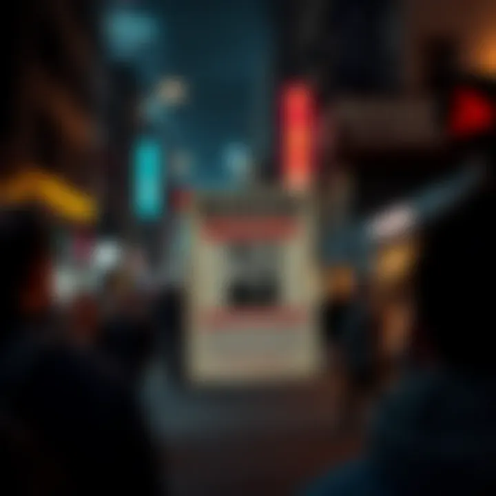 A darkened street with a missing person poster of Adam Baldwin, showing a concerned crowd looking at it