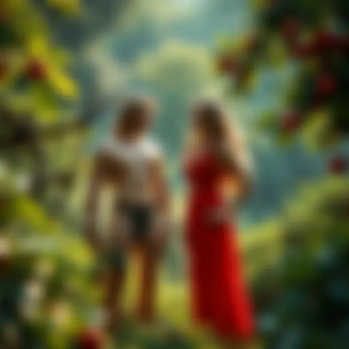 Adam and Eve standing together in Eden, surrounded by lush greenery and a forbidden apple tree, representing their journey from togetherness to individuality.