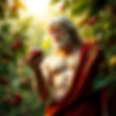 Adam with an apple A depiction of Adam holding an apple in a lush garden, questioning traditional beliefs about the biblical story of Eve