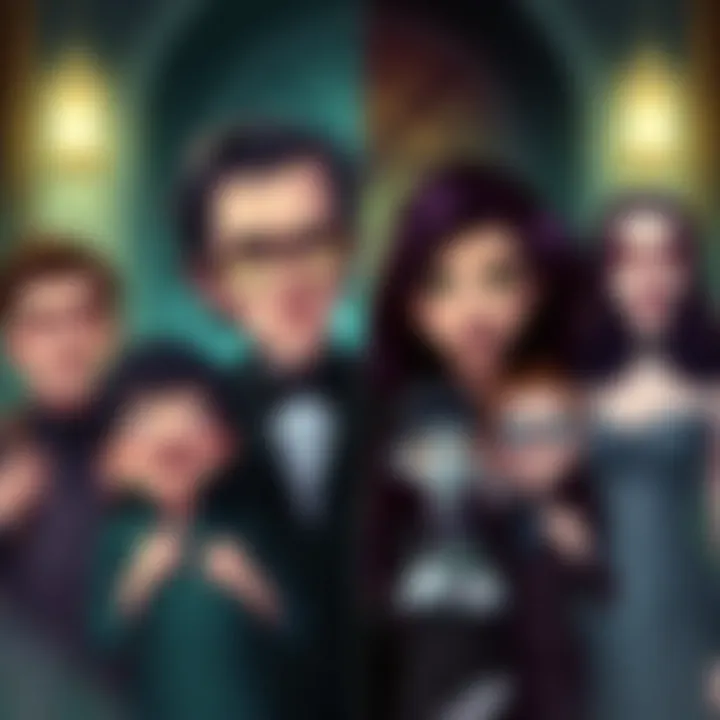 A comparison illustration showing characters from both The Adams Family and The Addams Family, highlighting their distinctive styles and features.