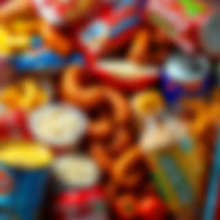 A close-up of various ultra-processed foods including snacks and sugary drinks, highlighting their bright packaging and enticing appearance.