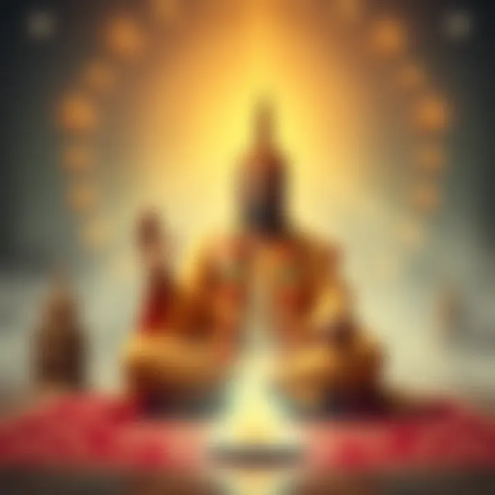 Adi Shankara in meditation A serene image of a man in traditional Indian attire sitting in meditation, surrounded by symbols of divinity and unity, reflecting on philosophical insights