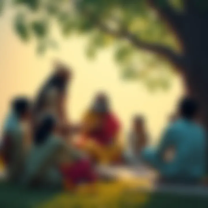 Adi Shankara Teaching A serene depiction of a wise teacher, Adi Shankara, sharing insights with a group of attentive students under a tree, symbolizing the focus on lived experience over mere doctrine.
