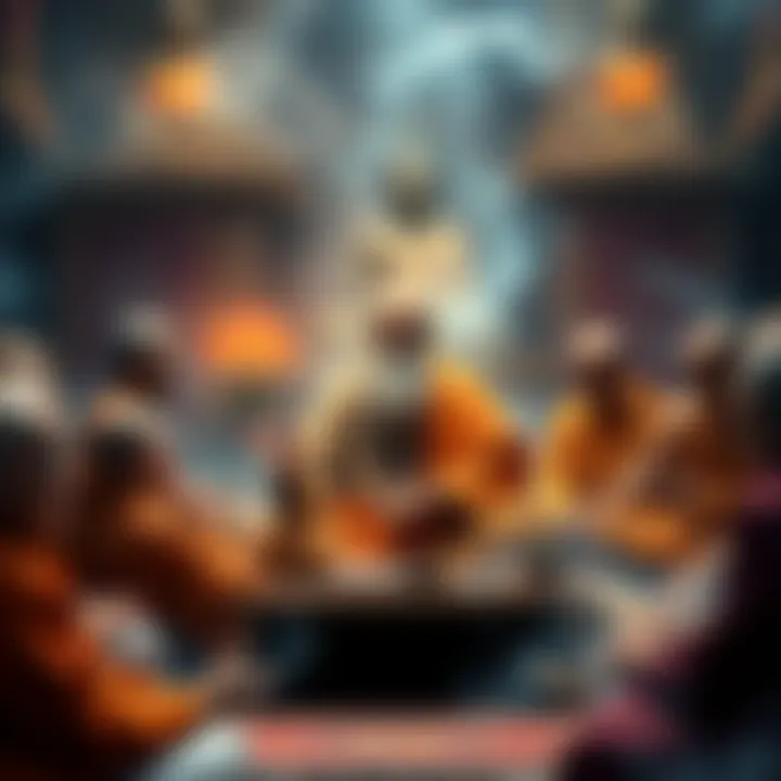 A scene depicting Adi Shankaracharya engaging with Buddhist monks, surrounded by texts and symbols representing key Buddhist concepts like anatta and shunyata.