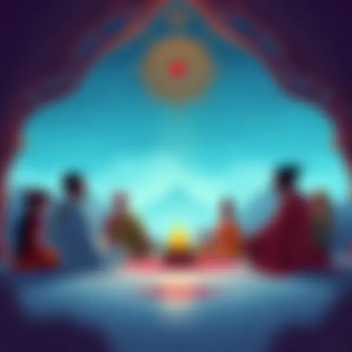 An illustration of Adi Shankhara discussing Advaita Vedanta principles with students in a serene setting, symbolizing the idea of non-duality and interconnectedness.