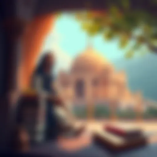 An illustration of Adishankaracharya beside his famous composition, showcasing a serene setting with books and nature around him.