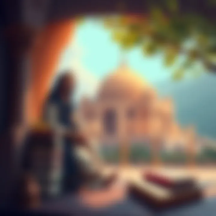 An illustration of Adishankaracharya beside his famous composition, showcasing a serene setting with books and nature around him.