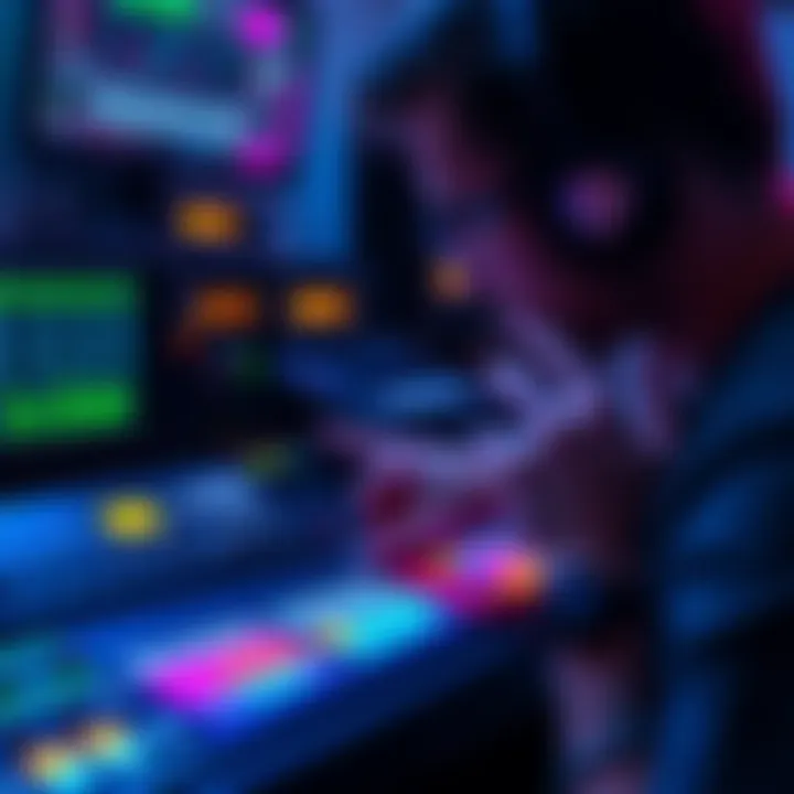 A person adjusting the volume on a digital audio workstation, focused on balancing music and affirmations for subliminal audio sessions.