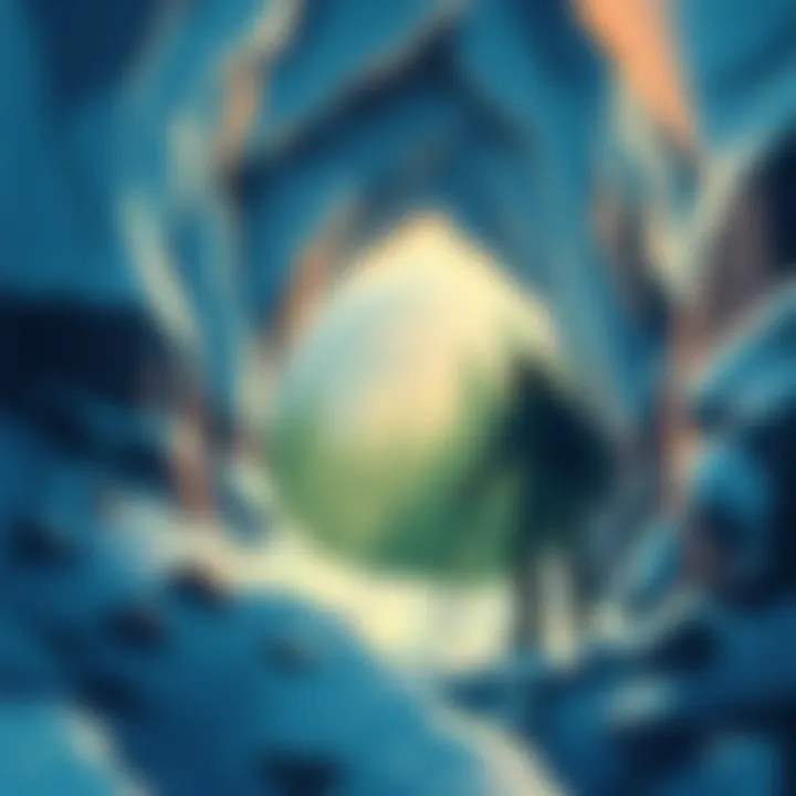 An illustration of Admiral Byrd in a snowy landscape, exploring a cave entrance leading to a lush Hollow Earth with strange creatures and plants visible inside.