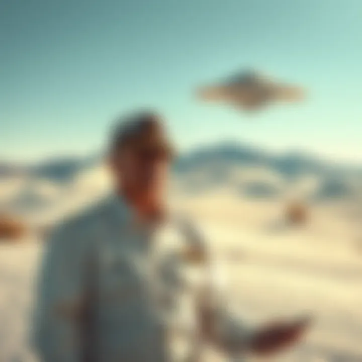 Admiral Bobby Ray Inman speaking about UFO sightings and military testing, with a backdrop of a desert landscape, possibly White Sands, New Mexico.
