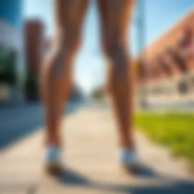 Admired Legs A close-up of a pair of well-toned legs standing on a sunny sidewalk, showcasing strength and beauty.
