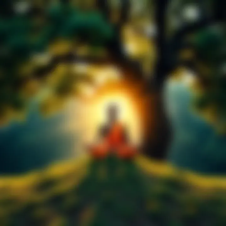 A peaceful person meditating under a tree, surrounded by nature, symbolizing self-realization and unity in Advaita Vedanta philosophy