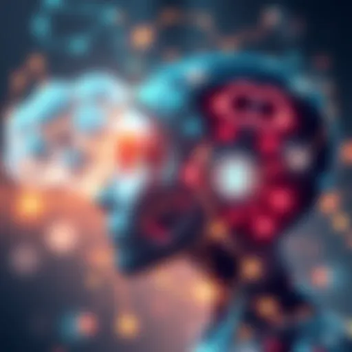 An illustration showing a futuristic AI interacting with human thoughts and emotions, symbolizing the connection between technology and the collective unconscious.
