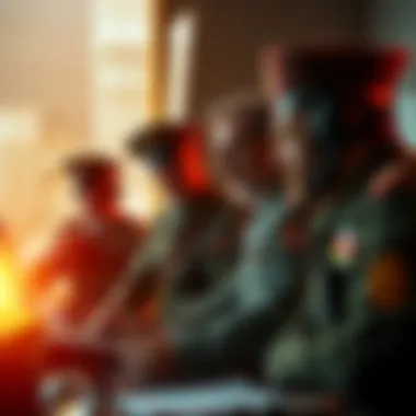 A group of military experts and officials engaged in a serious discussion about advanced technology and its implications for global security.