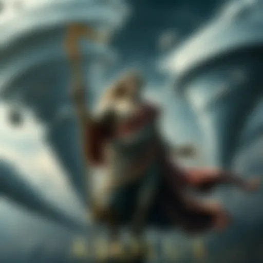 A figure of Aeolus, depicted with swirling tornadoes around him, symbolizing the debate of his identity as a god or a mortal king.