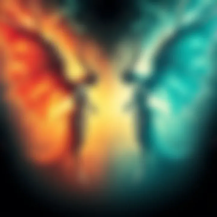 A visual comparison showing two entities, one representing aeons and the other archons, depicted in dreamlike settings highlighting their physical traits.